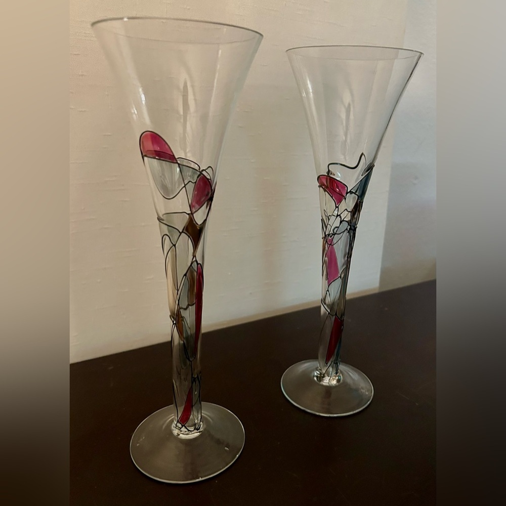 2 Fostoria Romania Galleria Champagne Flutes w/24k Gold. Hollow stems. 1980s